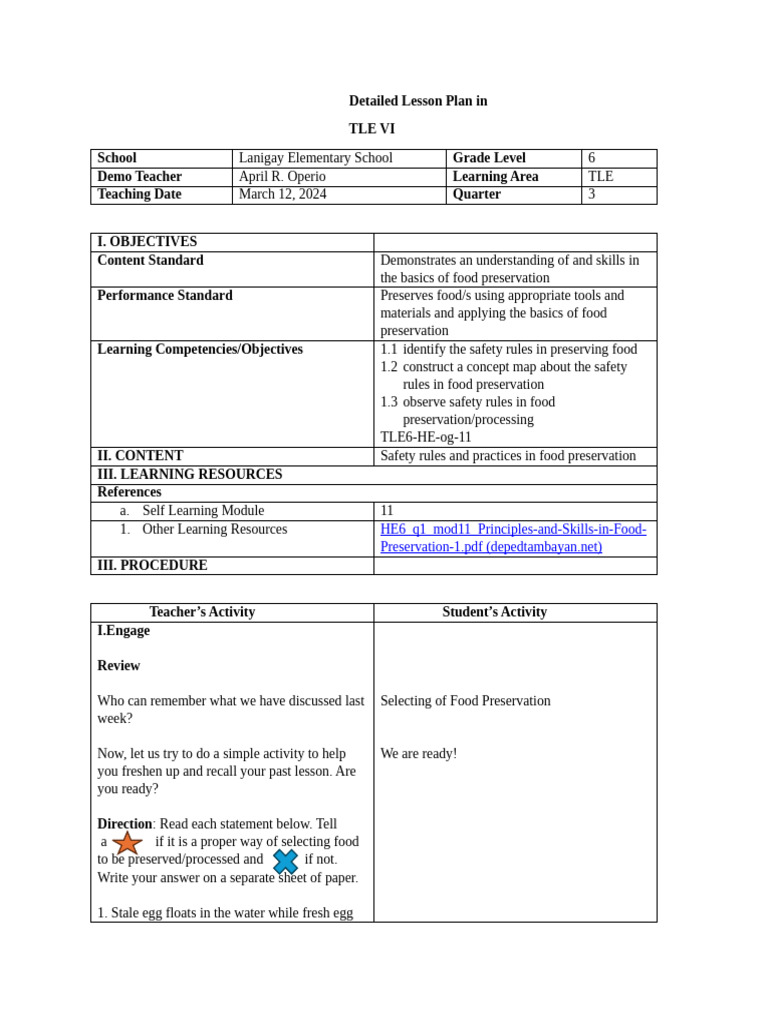 Food Preservation Safety Lesson Plan | PDF | Kitchen Utensil | Cookware ...