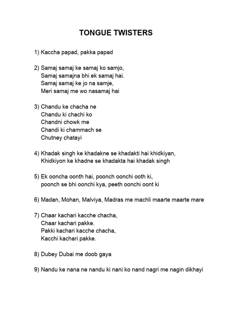 Hindi Tongue Twisters Collection | PDF