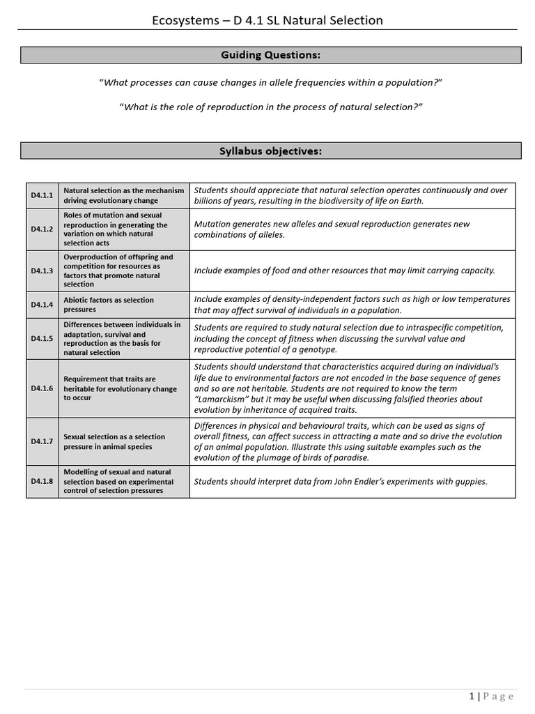 D 4.1 SL Natural Selection - Student Notes | PDF | Natural Selection ...