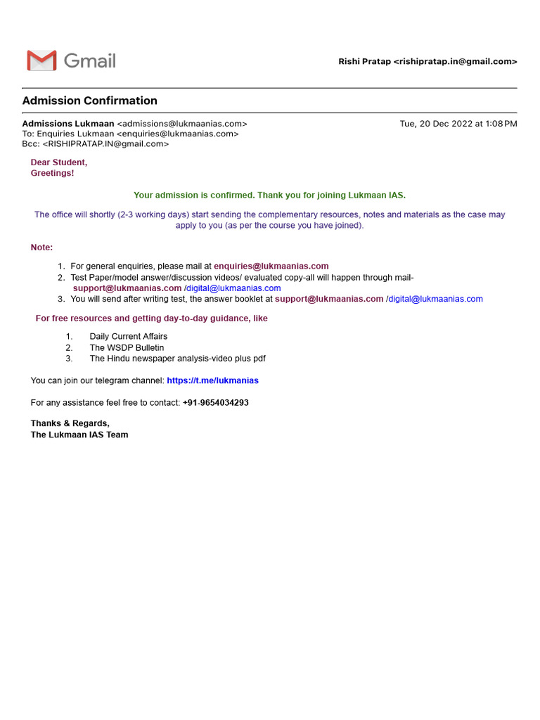 Admission Confirmation | PDF