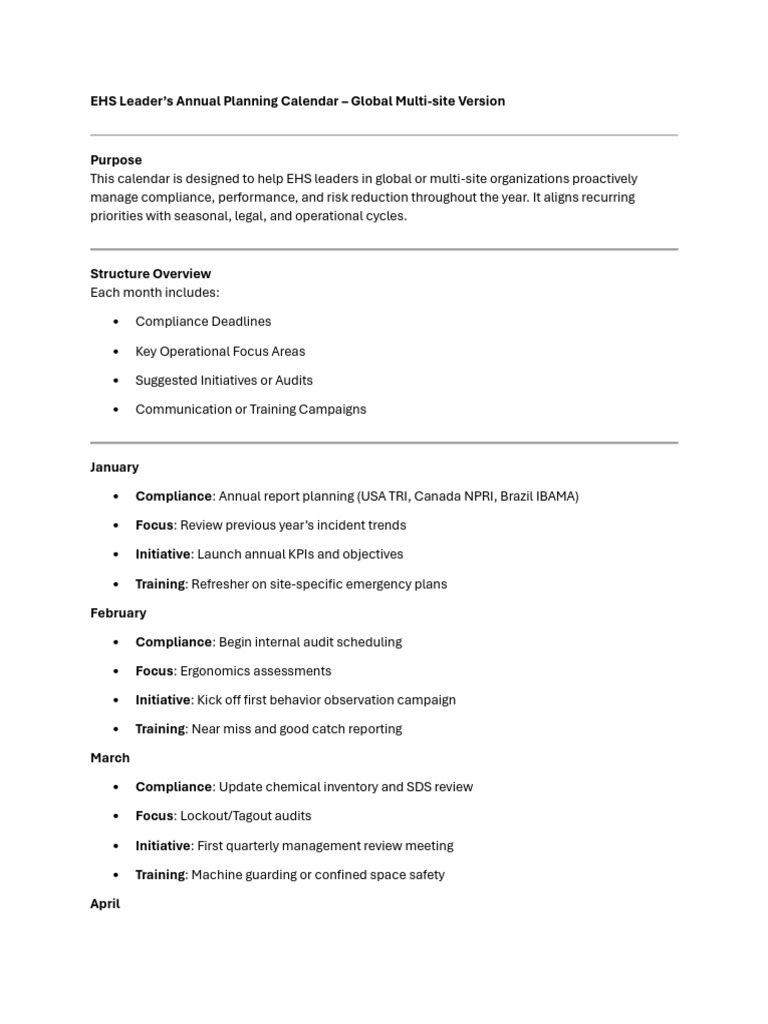 EHS Annual Planning Calendar Template | PDF | Safety | Occupational ...