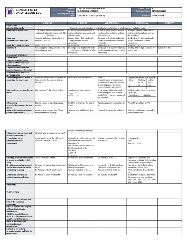 Grade 3 Math Daily Lesson Plan | PDF | Learning | Intelligence