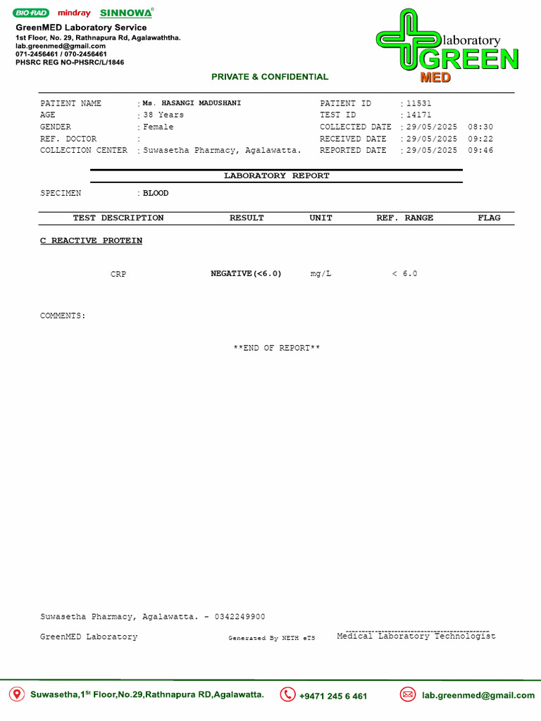 Suwasetha Pharmacy Lab Report | PDF | Clinical Pathology | Hematology