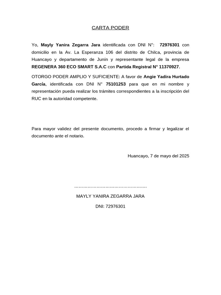Carta Poder para Inscripción de RUC | PDF