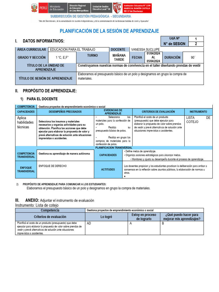 Sesión de Aprendizaje N°2 PRIMERO 2024 | PDF | Presupuesto | Evaluación