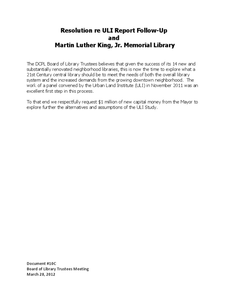 Document #10C - Resolution Re ULI Report Follow-Up and MLKML | PDF
