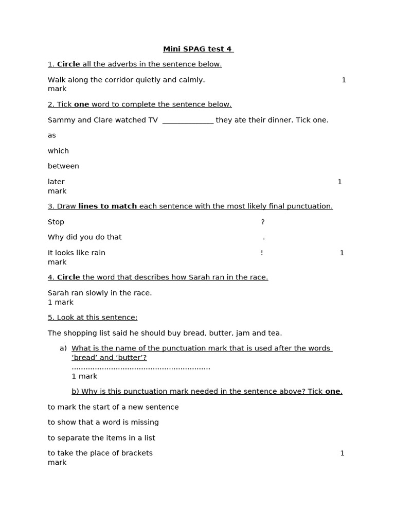 Mini SPAG Test 4: Adverbs and Punctuation | PDF