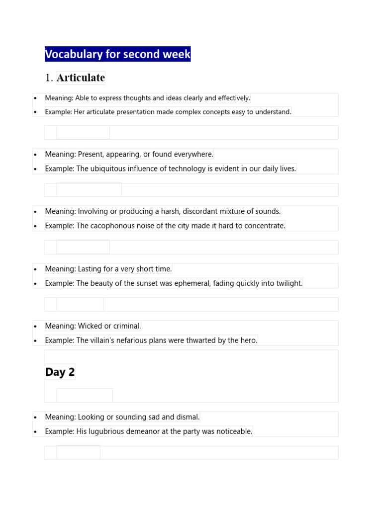 Second Week Vocabulary List | PDF