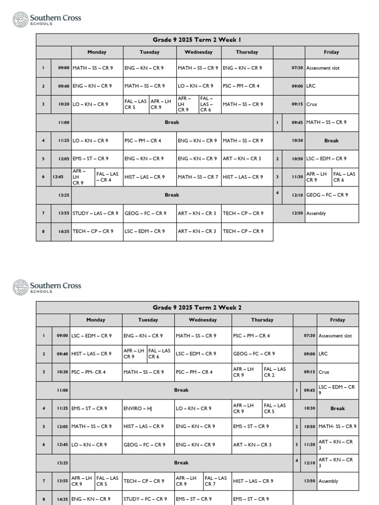 Grade 9 Exam Timetable 2025 Term 2 | PDF