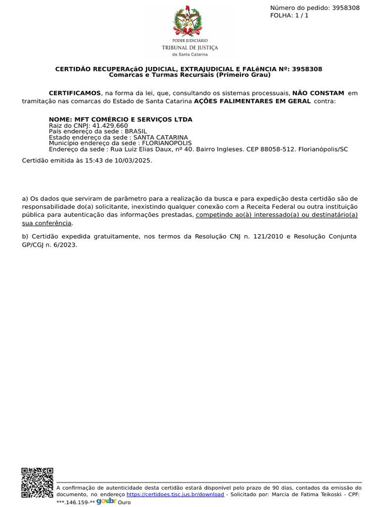 Certidão Negativa de Falência SC | PDF