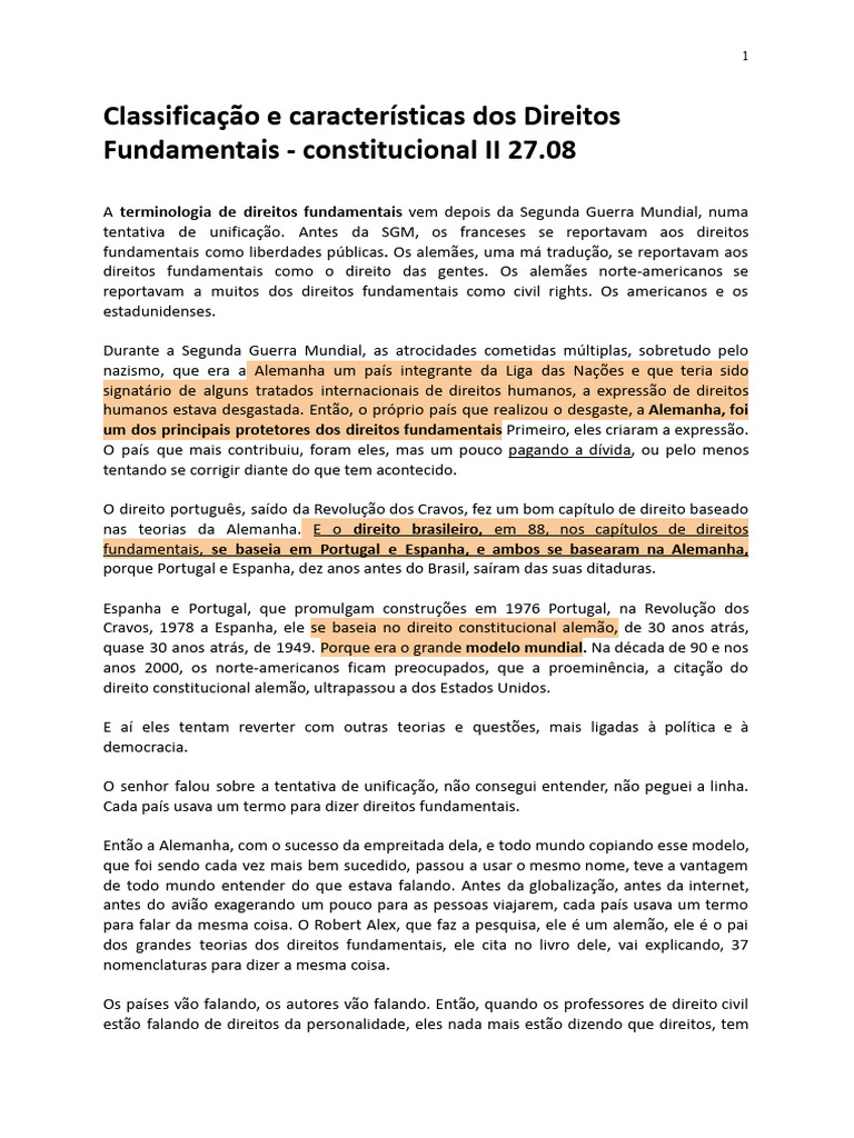 Classificação e Características Dos Direitos Fundamentais ...