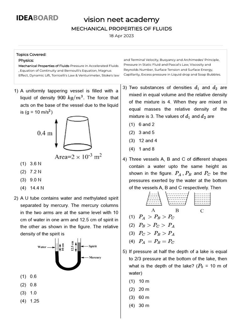 Mechanical Properties of Fluids Explained | PDF | Buoyancy | Pressure