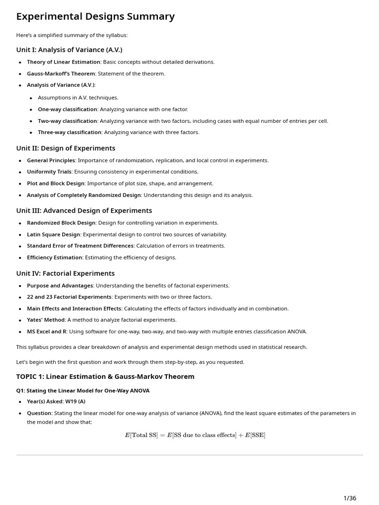 Experimental Designs and ANOVA Summary | PDF | Analysis Of Variance ...
