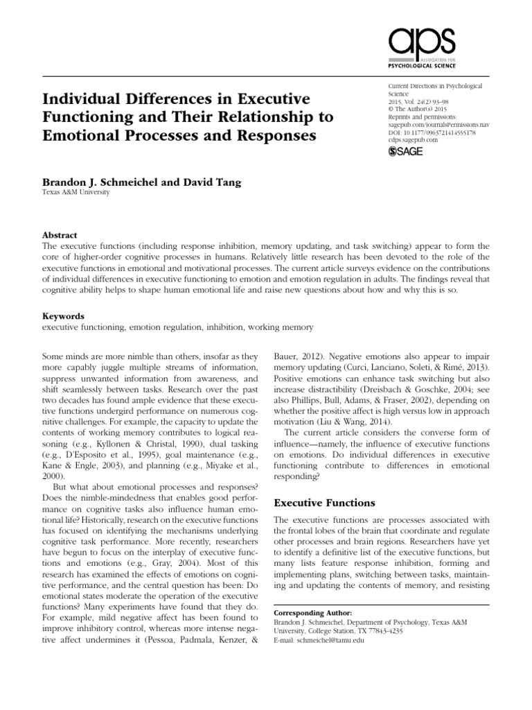 Executive Functions and Emotion Regulation | PDF | Executive Functions ...