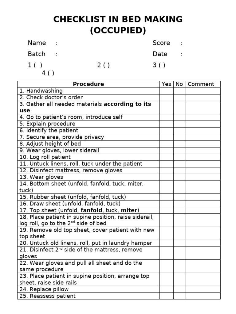 2 Checklist in Occupied Bed Making | PDF