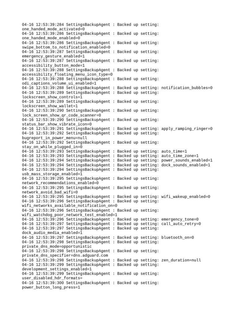 Android Settings Backup Log | PDF | System Software | Operating System ...