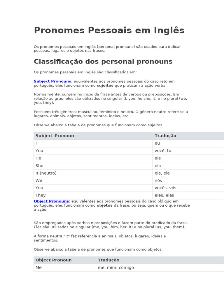 Tabela de Pronomes Pessoais em Inglês | PDF | Morfologia linguística ...
