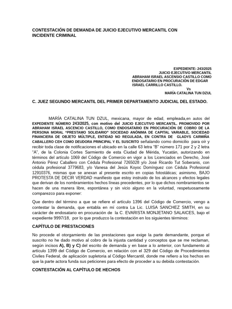 Contestación a Demanda Mercantil 243/2025 | PDF | Demanda judicial ...