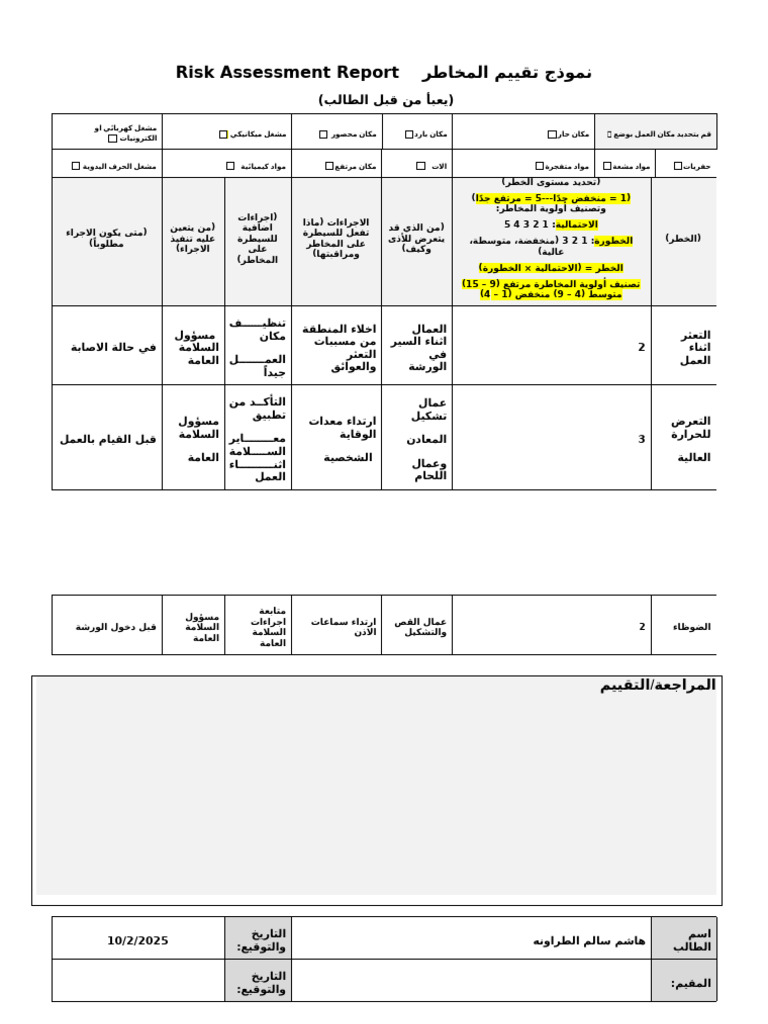 نموذج تقييم مخاطر - Risk Assessment Template | PDF