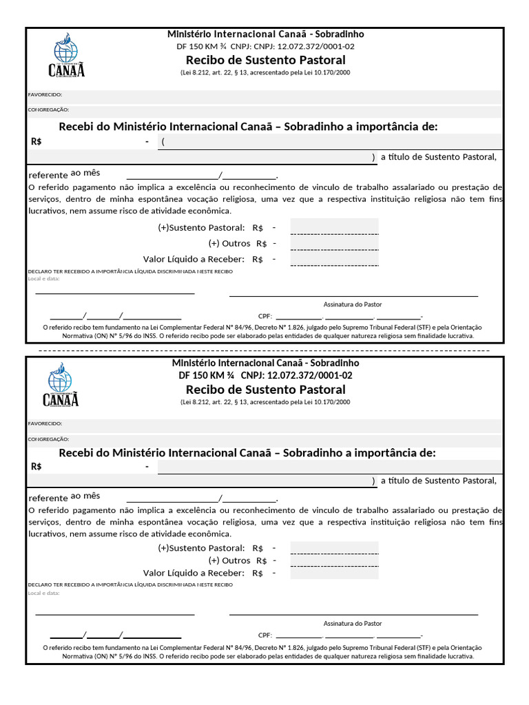 Recibo de Sustento Pastoral Canaã | PDF | Justiça | Crime e Violência