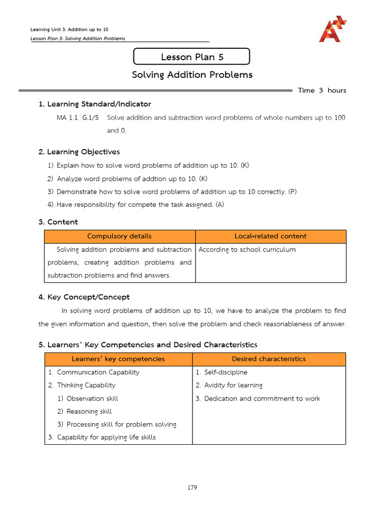 Lesson Plan 3-5 Solving Addtion Problems | PDF | Learning | Lesson Plan