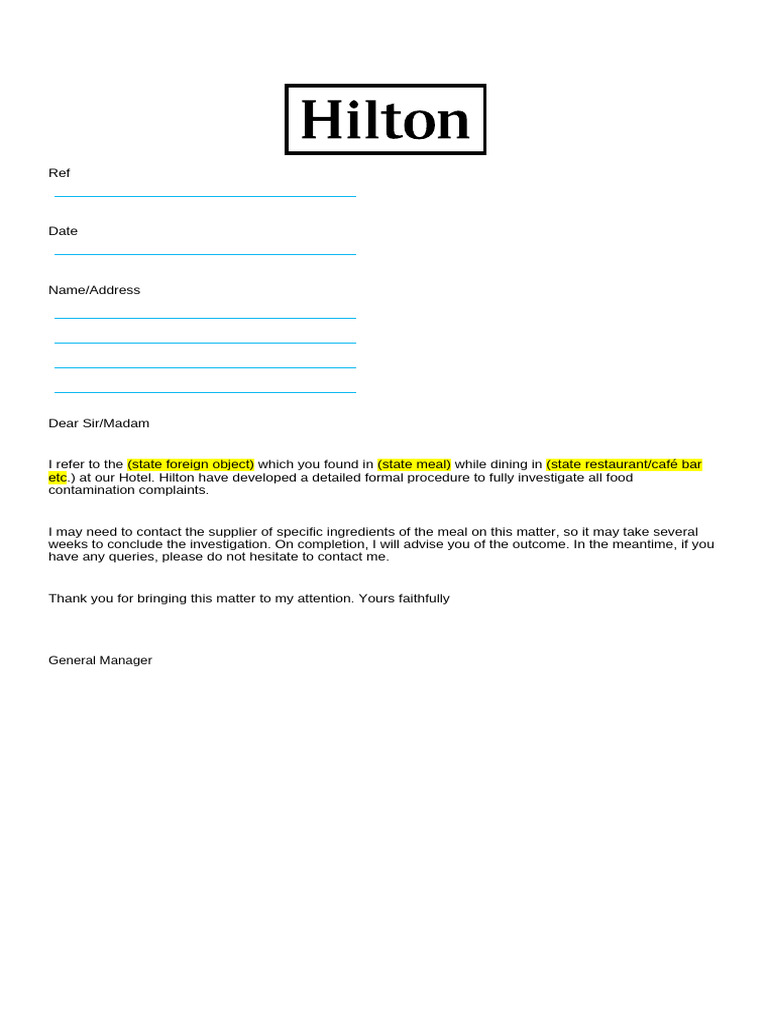 Letter 2 - Letter To Guest Re Physical Contamination | PDF