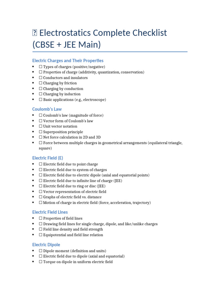 Electrostatics Study Checklist for JEE | PDF | Electric Field | Capacitance