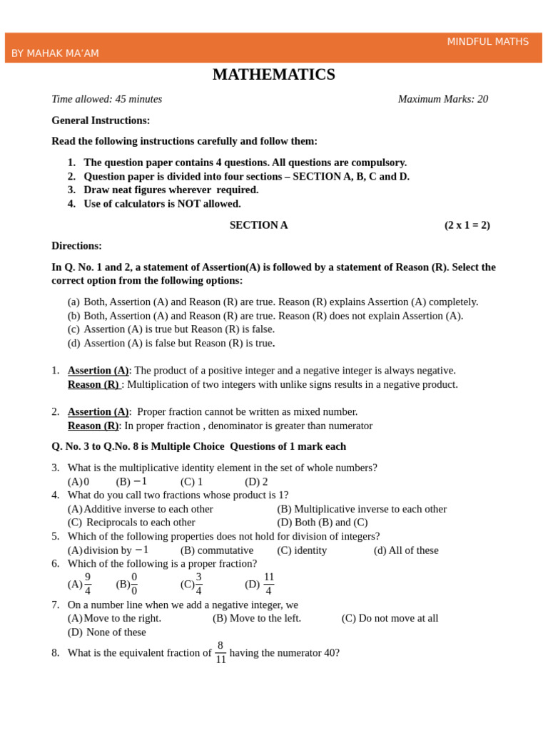Class 7 Mathematics Question Paper | PDF | Abstract Algebra ...