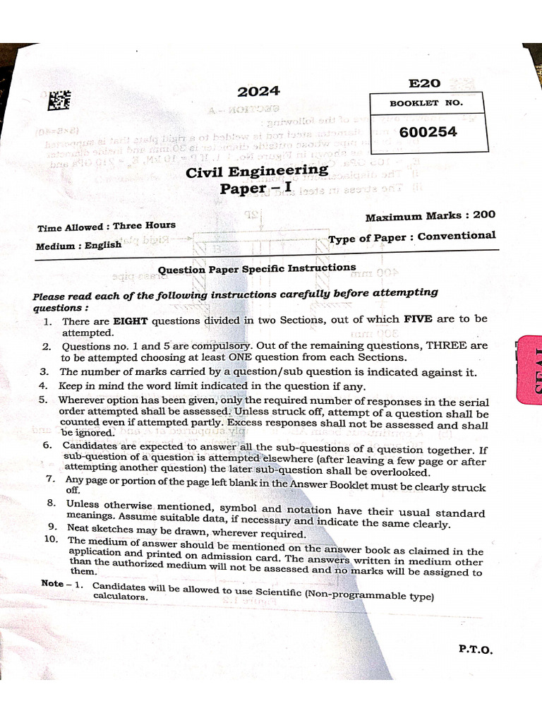 MPSC Civil Engineering Mains Paper 2023 | PDF | Beam (Structure) | Concrete