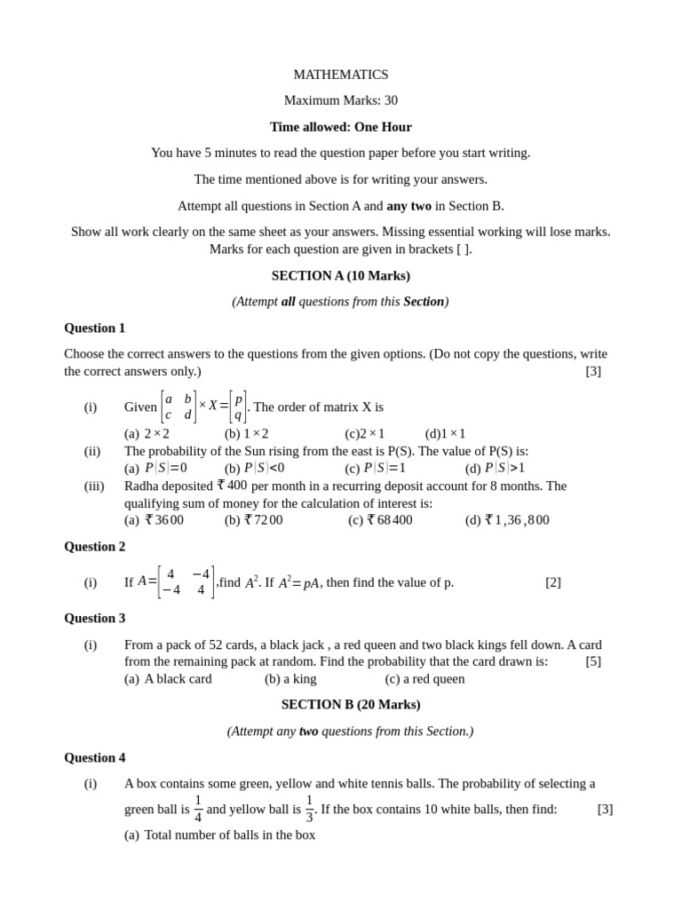 MATHEMATICS Class 10 Banking Matrices Probability | PDF | Matrix Theory ...