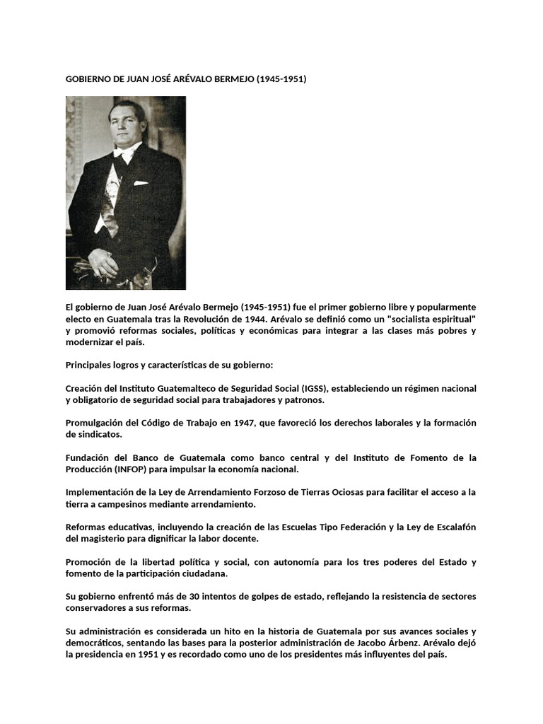 Logros del Gobierno de Arévalo (1945-1951) | PDF | Guatemala | Ciencias ...
