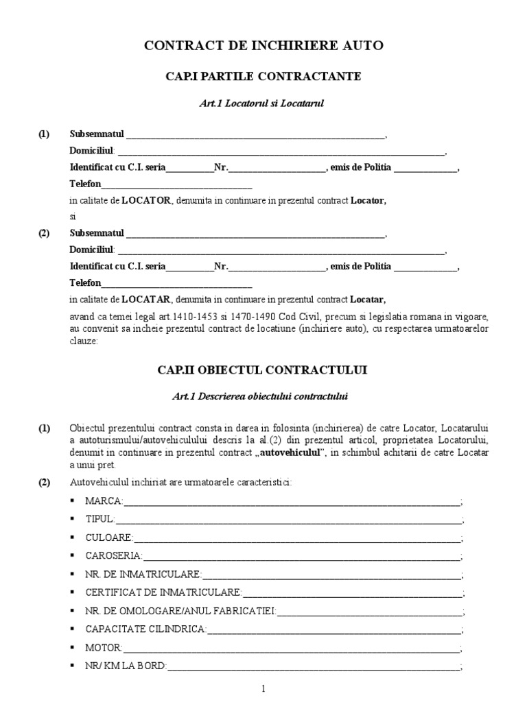 Contract Inchiriere Auto