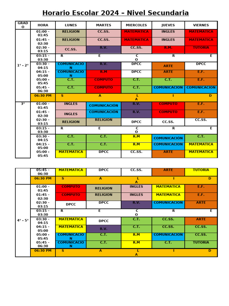 Horario Escolar Secundaria 2024 | PDF