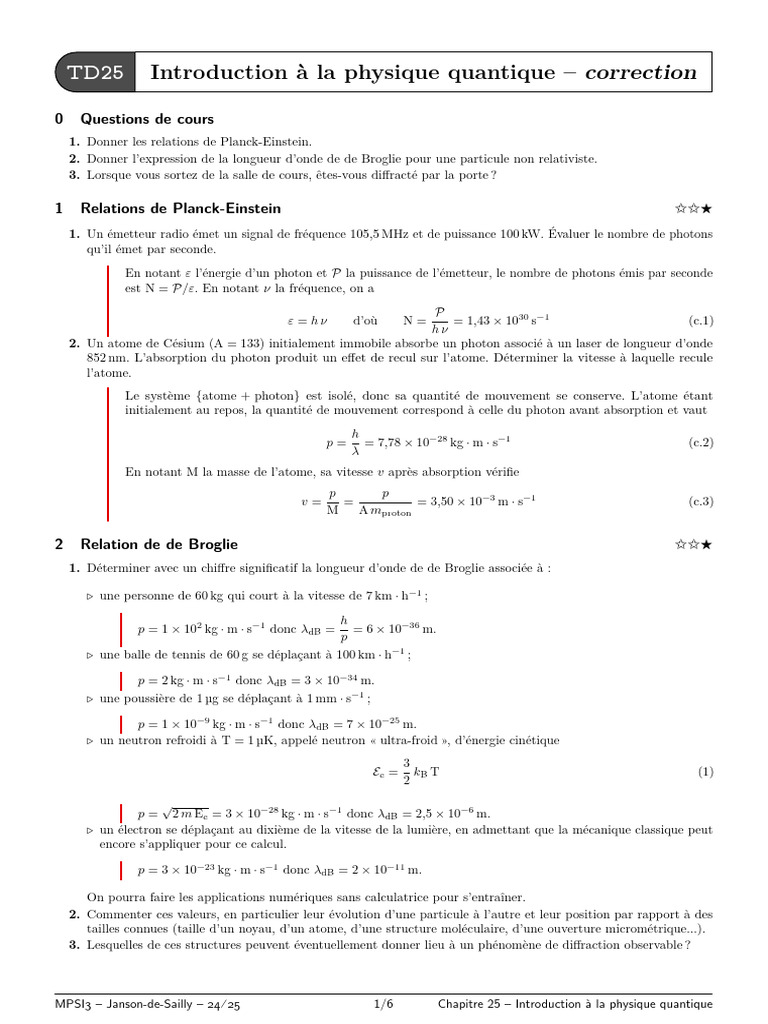 TD Introduction Physique Quantique Correction (1) | PDF | Atomes | Photon