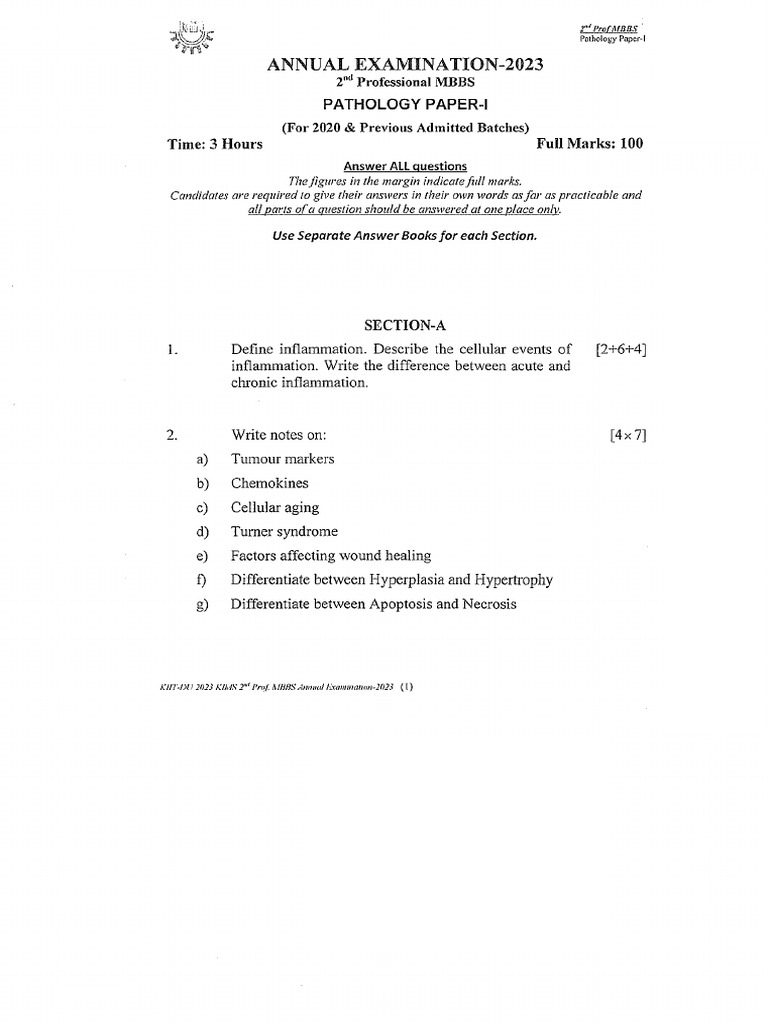 2023 (Annual Examination Pathology Paper-I, II, Microbiology Paper-I ...