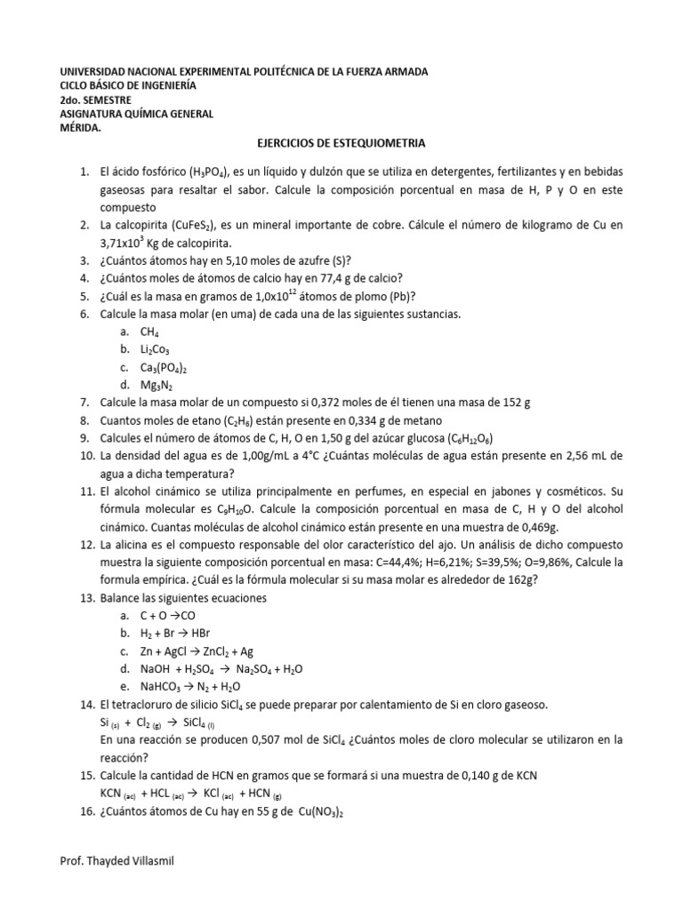 Ejercicios de Estequiometria 1 | PDF | Mole (Unidad) | Sustancias químicas