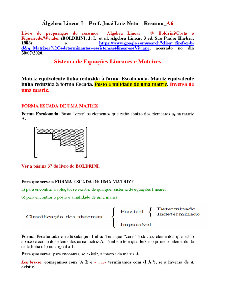 Resumo de Álgebra Linear I: Matrizes e Sistemas | PDF