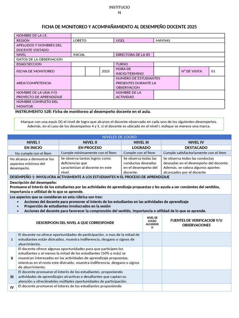 Ficha de Monitoreo Docente 2025 | PDF | Salón de clases | Pensamiento