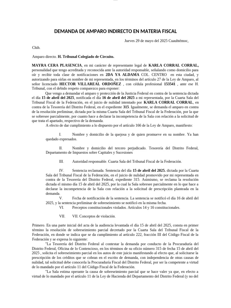 Amparo Indirecto Fiscal: Caso Karla Corral | PDF | Fiscal | Estatuto de ...