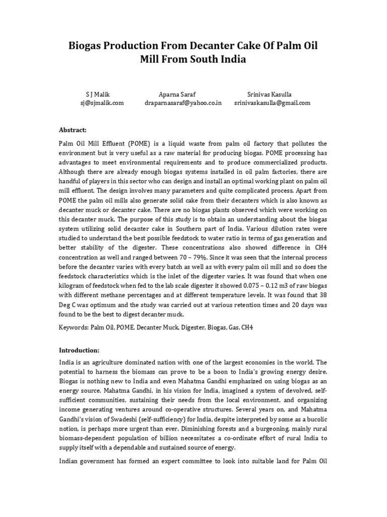 Biogas from Palm Oil Decanter Cake | PDF | Anaerobic Digestion | Biogas