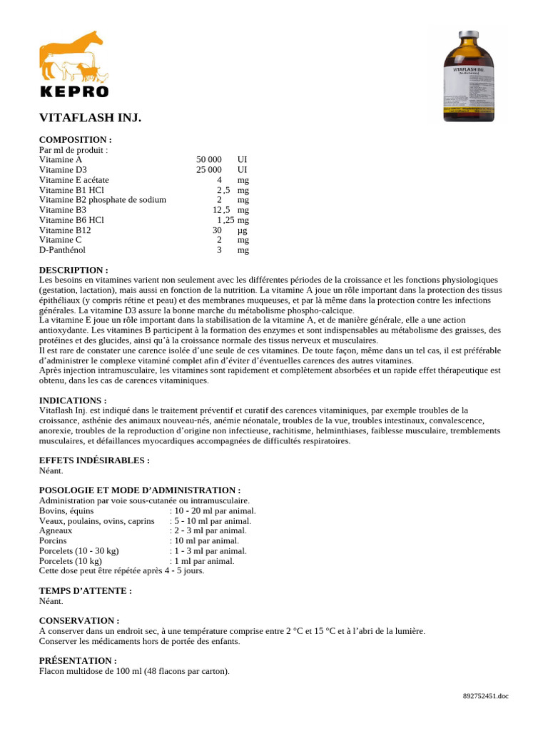 Vitaflash Inj. : Complexe vitaminé vétérinaire | PDF | Vitamine ...