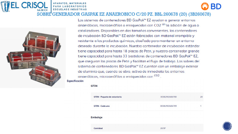 Sobre Generador Gaspak Ez Anaerobico C/20 Pz. BBL.260678 (20) (3B260678 ...