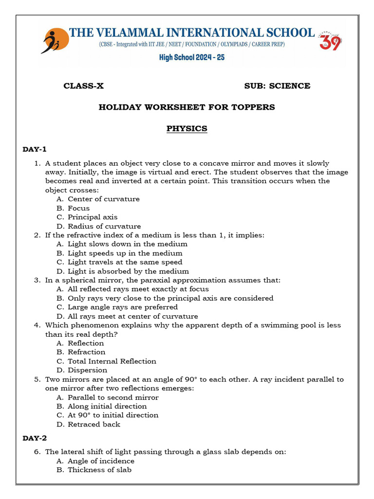 Class-X Science Holiday Worksheet For Toppers | PDF | Mirror ...