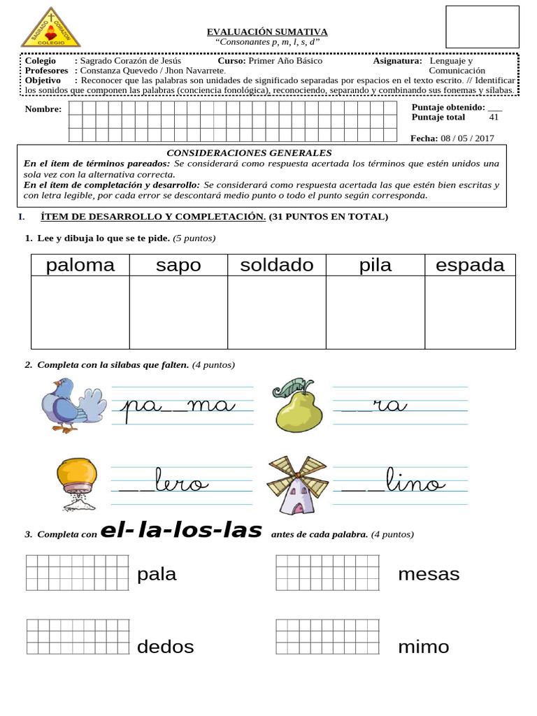 Evaluación (2) - Consonantes 1 | PDF | Lingüística