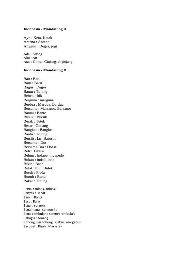 Kamus Bahasa Mandailing Sehari-hari | PDF