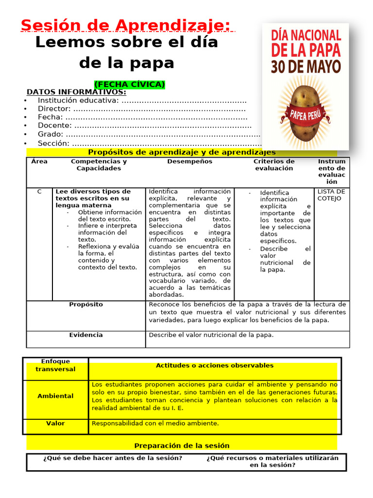 Aprendizaje sobre el Valor Nutricional de la Papa | PDF | Patata ...