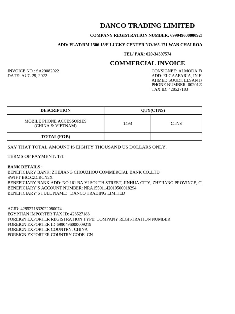 Danco Trading Limited Invoice Summary | PDF