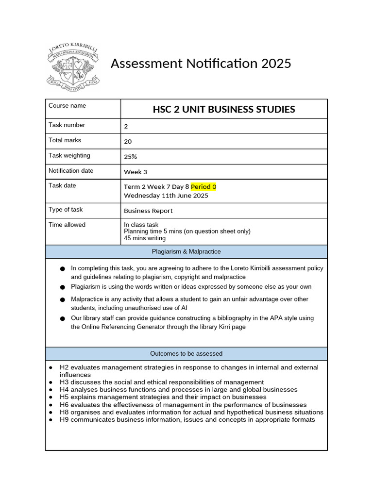 HSC Business Studies Assessment 2025 | PDF | Plagiarism | Cognition
