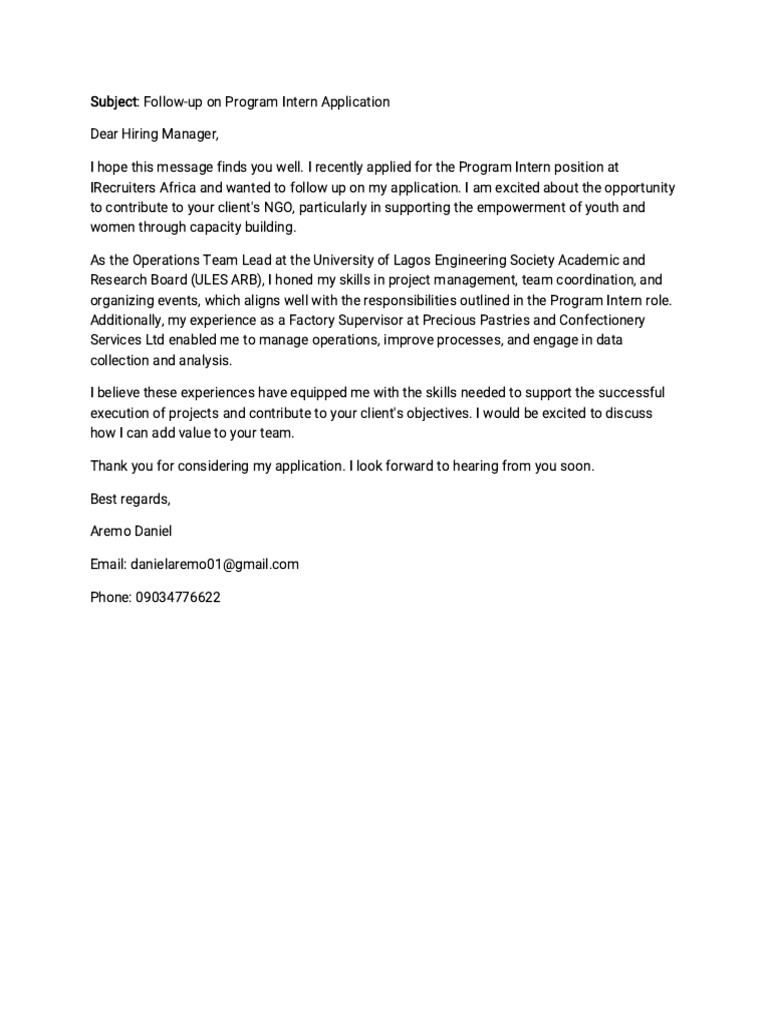 Aremo Daniel Programs Intern Follow-Up Application Letter | PDF