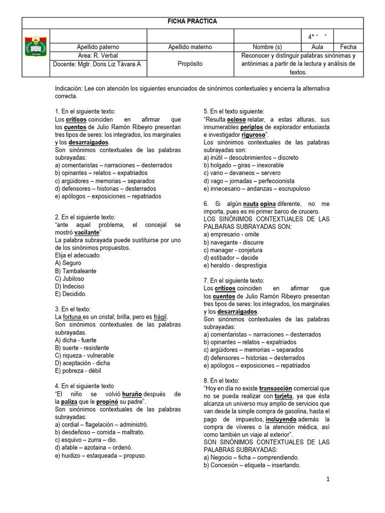 Ficha Práctica Sinónimos y Antónimos Contextuales[1] | PDF